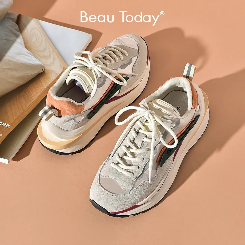 

BEAUTODAY Chunky Sneakers Women Leather Mixed Colors Waffle Style Lace-Up Platform Trainers Ladies Casual Shoes Handmade B29415
