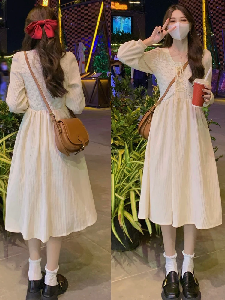 

Autumn and Winter 2022 New Korean Women's Dress Slim Slim High Waist Fashion Versatile Square Neck Women's A-line Dress