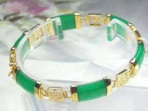 

Потрясающий зеленый нефритовый браслет 7,5 дюйма класса AAA ^^@^ 18K GP доставка