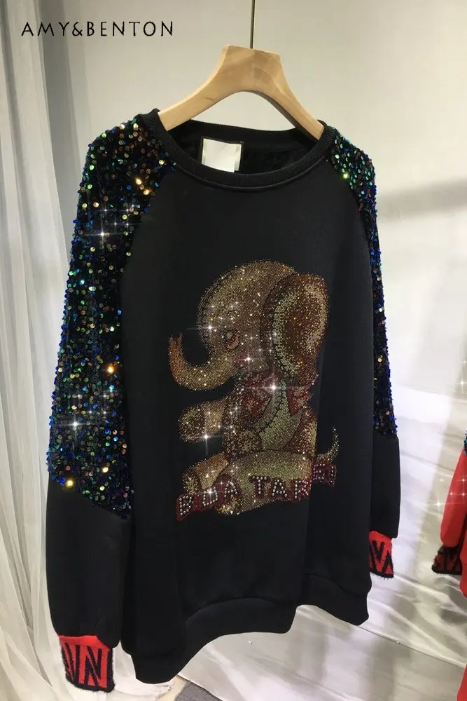 Heavy Embroidery Hot Drilling Sweatshirt Cartoon Sequins Stitching Round Neck Loose Top Winter New Long Sleeve Pullover Fashion