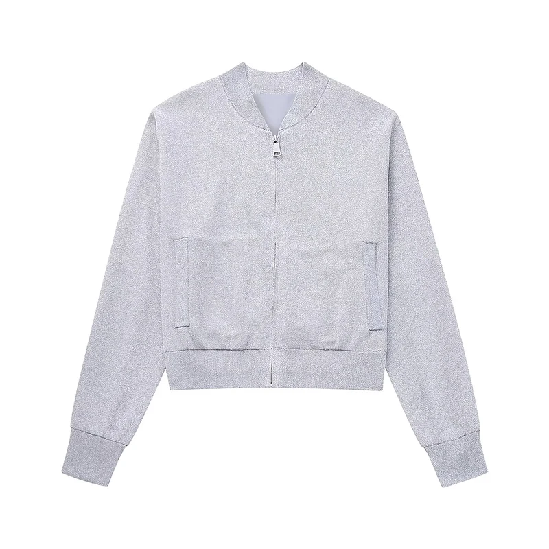 

Женская винтажная куртка-бомбер на молнии, трикотажная куртка-бомбер с длинным рукавом и металлической нитью, осень 2023