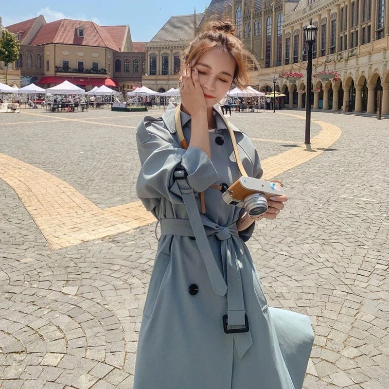 

2022 Fashion Women Trench Coat Beige Blue Long Double-Breasted With Belt Spring Autumn Lady Coat Female Korean Loose Outerwear
