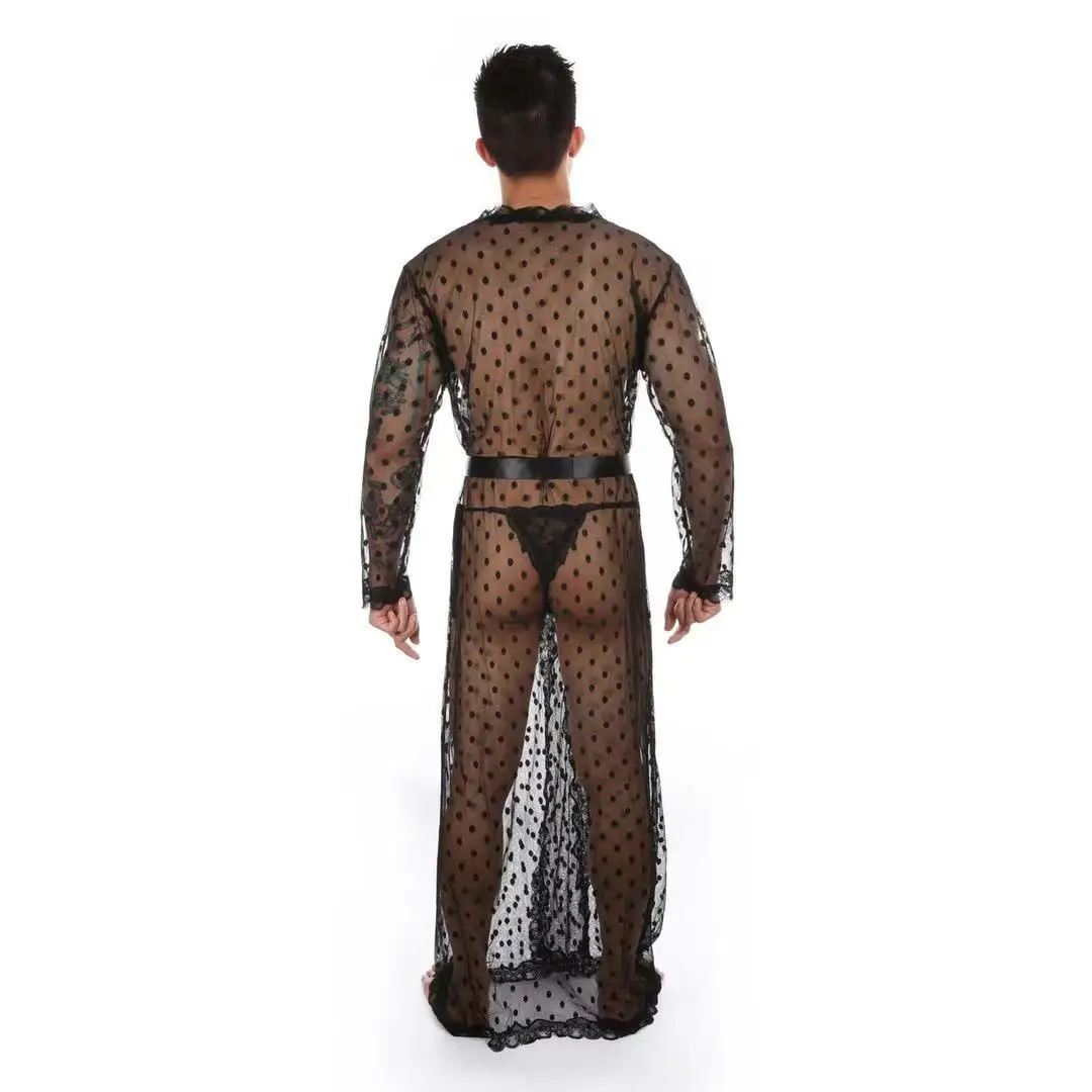 Men's Dot Japanese Kimono Long Lightweight Breathable Silky Sexy Lace Hollow Bathrobe Mopping Transparent Slit With Thong