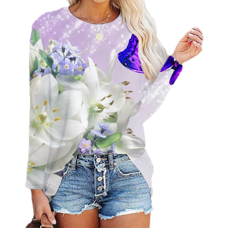 

New Women Long Sleeve Tee Butterfly Printed O-Neck Female T-Shirt Casual Loose Ladies Pullover Tee Streetwear Autumn Clothes