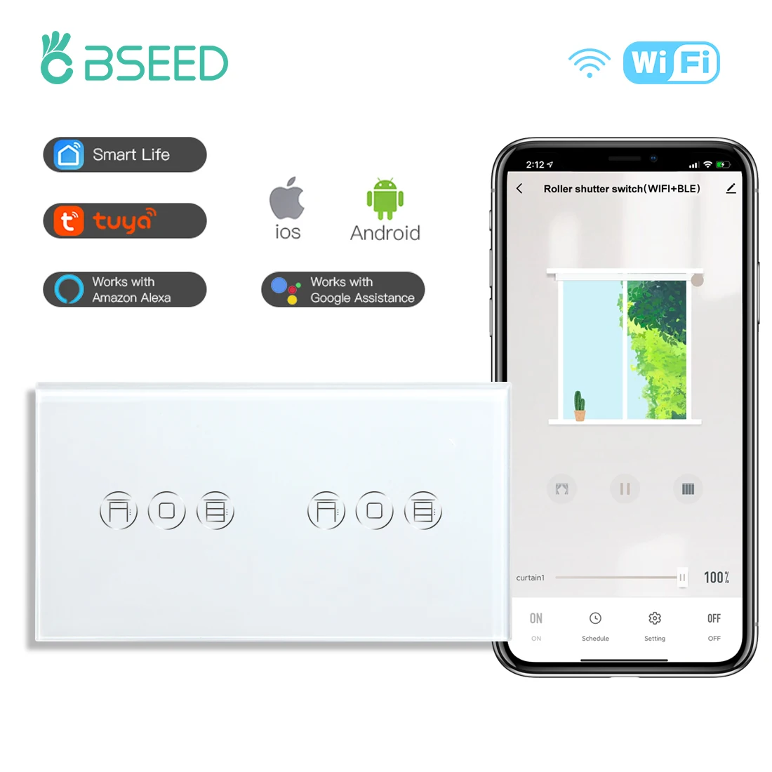 Фото Умный выключатель затвора BSEED с Wi-Fi, беспроводной двойной переключатель для слепых экранов, сенсорные переключатели, работает с приложением... №1