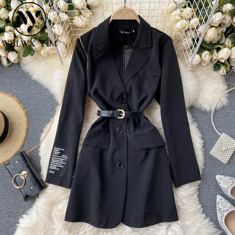 

Autumn Womens Blazer Coat Fashion Loose Harajuku Blazers Jacket Women Belt Chain Long sleeve Vintage Suit Jackets with belt