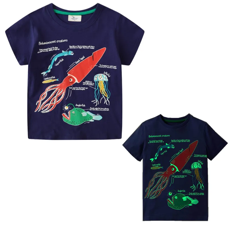 

Светящиеся футболки Sea World для мальчиков, летняя хлопковая одежда с принтом животных для мальчиков и девочек, детские топы с круглым вырезом ...