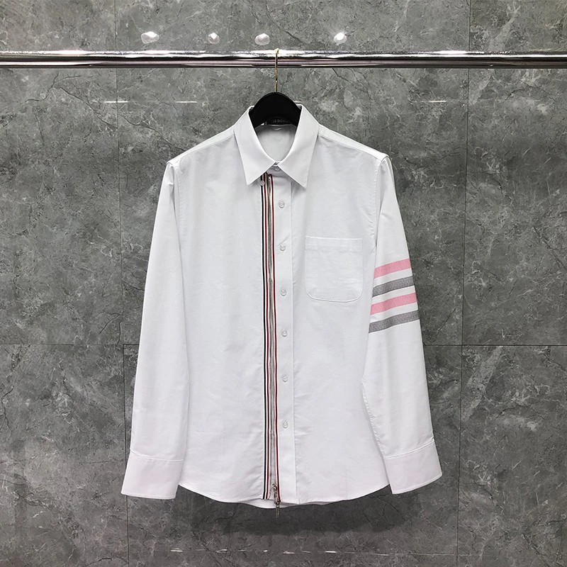 

TB THOM Shirts Women Men Slim Classic White 4-bar Striped Long Sleeve Casual Top Zipper Dersign Cotton Oxford Solid Clothing