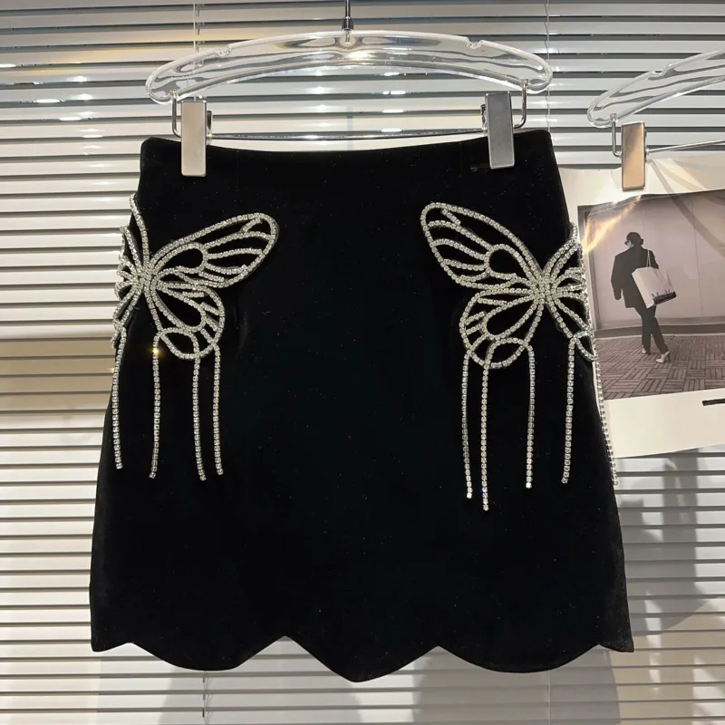 

PREPOMP 2023 Autumn New Arrival Rhinestone Bow Tassel Black Velvet Short Mini Bodycon Skirt Women GL474