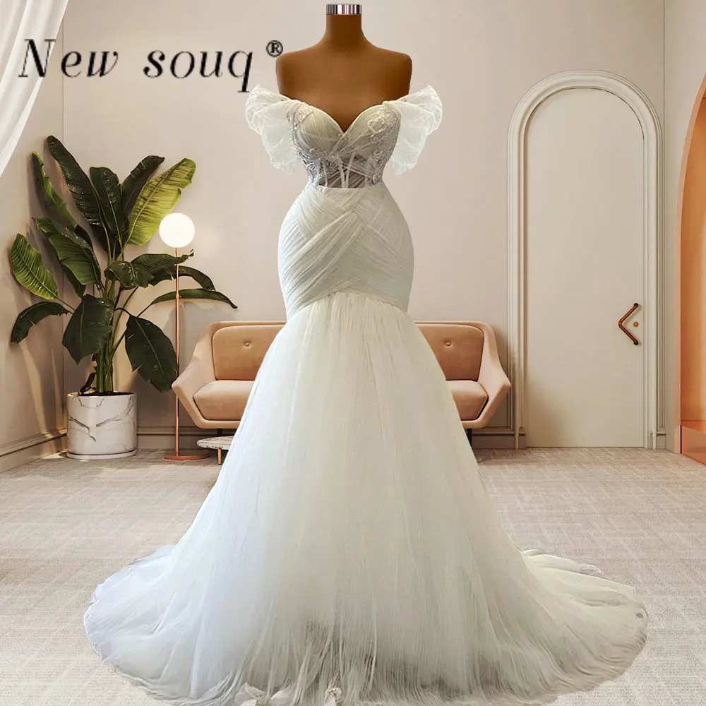 

Elegant Off the Shoulder Mermaid Wedding Dresses for Bride Appliqued Ruched Puffy Formal Marriage Bridal Engagement Gowns