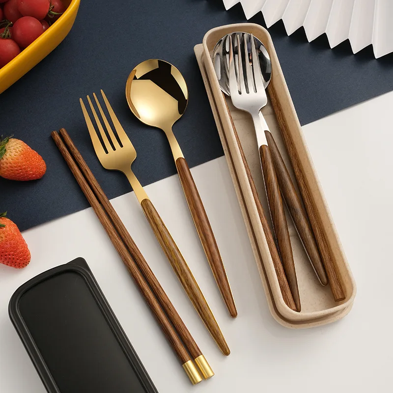

Wooden Handle Spoon Fork Chopsticks Stainless Steel Western Knife Fork Dessert Spoon Portable Tableware Set Kitchen Supplies