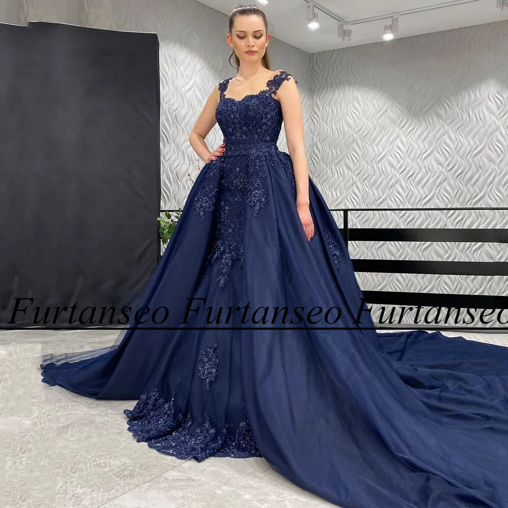 

Furtanseo Navy Blue Mermaid Evening Dress with Detachable Skirt Cap Sleeve Scoop Beading Applique Chapel Train Prom Dresses