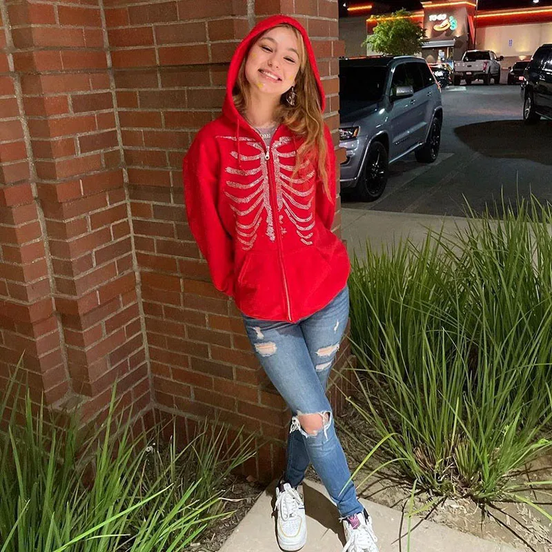 

Y2k Women Hoodies Hot Drilling Hooded Sweatshirts Adults Skeleton Print Long Sleeve Zipper Cardigan With Pocket Drawstring