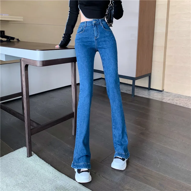 

Синие джинсы, женские узкие расклешенные брюки с высокой талией, новинка на весну-осень, женская одежда, эластичные джинсовые брюки в форме подковы 536H