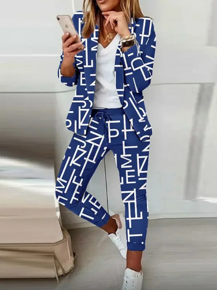 

Elegant Letters Print Women's Set Long Sleeve Jackets Top And Elastic Waist Pants Suit Office Lady Two Piece Set Fitness Outfits