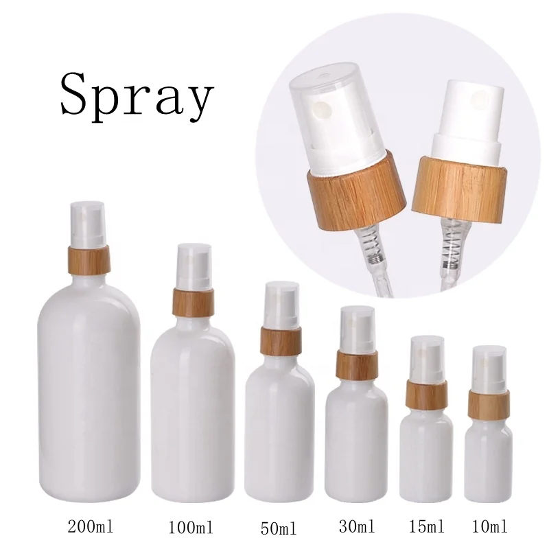 Wholesale 10/15/30/50100ML Empty Essential Oils Opal White Glossy Glass Bottles with Bamboo Lids Spray Atomizer and Lotion Pump