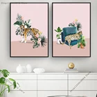Розовые Джунгли тигр Гепард Леопард тропические растительные настенные картины на холсте скандинавские постеры принты картины декор для гостиной