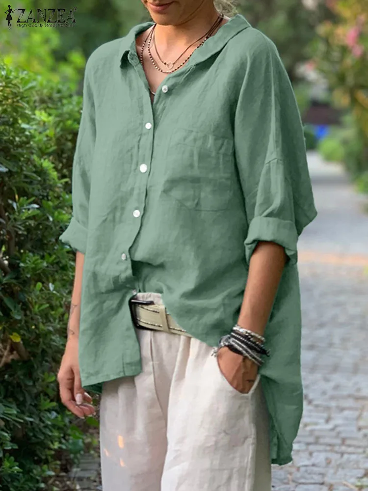 

ZANZEA Oversize Summer Shirt Women Lapel Neck 3/4 Sleeve Blouse Solid Color Work Tops Casual Loose Cotton Chemise Autumn Blusas