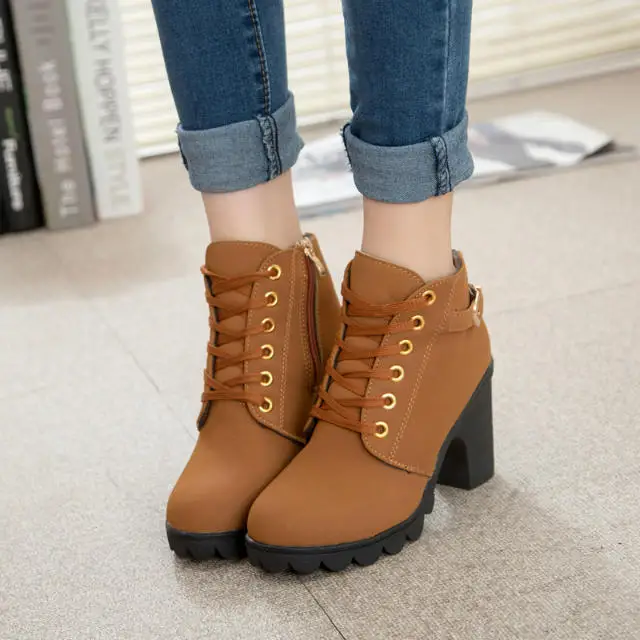 

2022autumn and winter new British wind thick high-heeled boots womens Fashion Lacing belt buckle Ankle Boots Plus Size42
