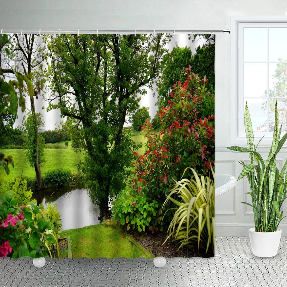 spring rural landscape shower curtains set pink flowers tree forest natural floral green plant scenery with hooks bathroom decor free global shipping