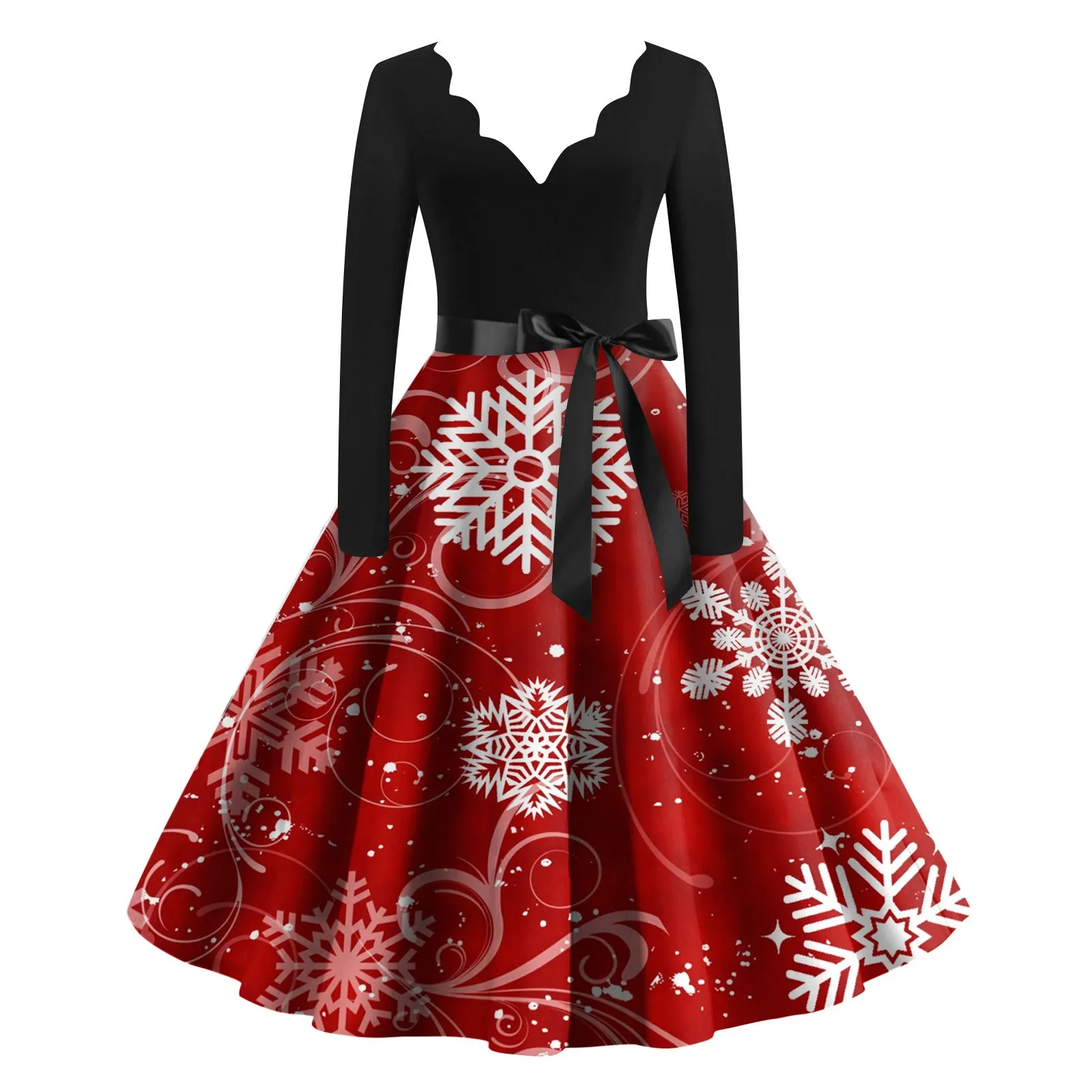 

Женское винтажное платье с принтом снежинок, черное платье с длинным рукавом, пышной юбкой в стиле рокабилли, вечерний наряд для женщин на зиму