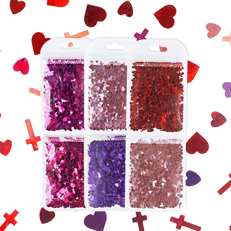 

6 Pcs/Set Love Heart Cross Glitter Flakes Nail Art Decorations Mixed Cross Sequins Heart Nail Charm Manicure Accessories Ongles