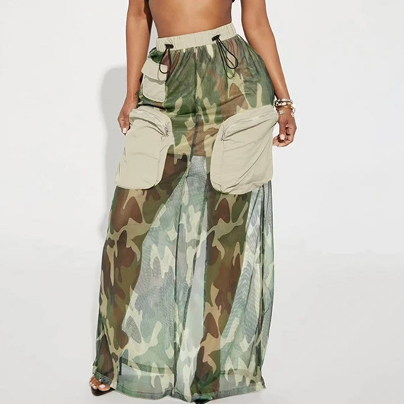 

Women Camouflage Fashion Pocket Front Slit Slim High Waist Long Maxi Skirt Streetwear Casual Safari Solid Skirts 2023 Summer New