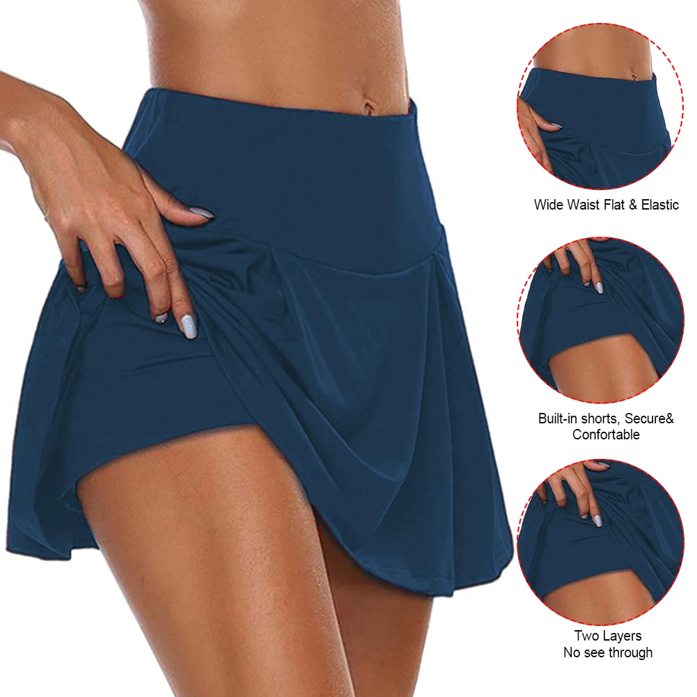 Women Sports Tennis Dance Fitness Quick Drying Solid Female Tennis Running Skort Fitness Running Cycling Fitness Gym Short Skirt