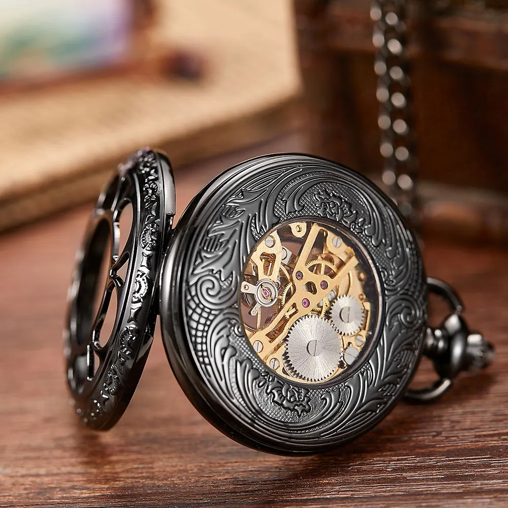 Vintage Black Steampunk Hollow Luminous Mechanical Pocket Watch Men Hand Wind Roman Numerals Skeleton Neckalce Watch Gift