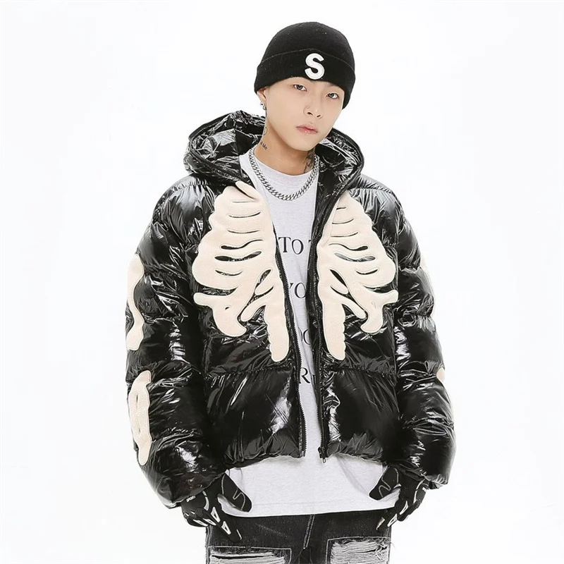 

2022 Winter Gothic Parka Streetwear Skeleton Embroidery Leather Heavy Jackets Harajuku Thermal Waterproof Hooded Padded Jackets