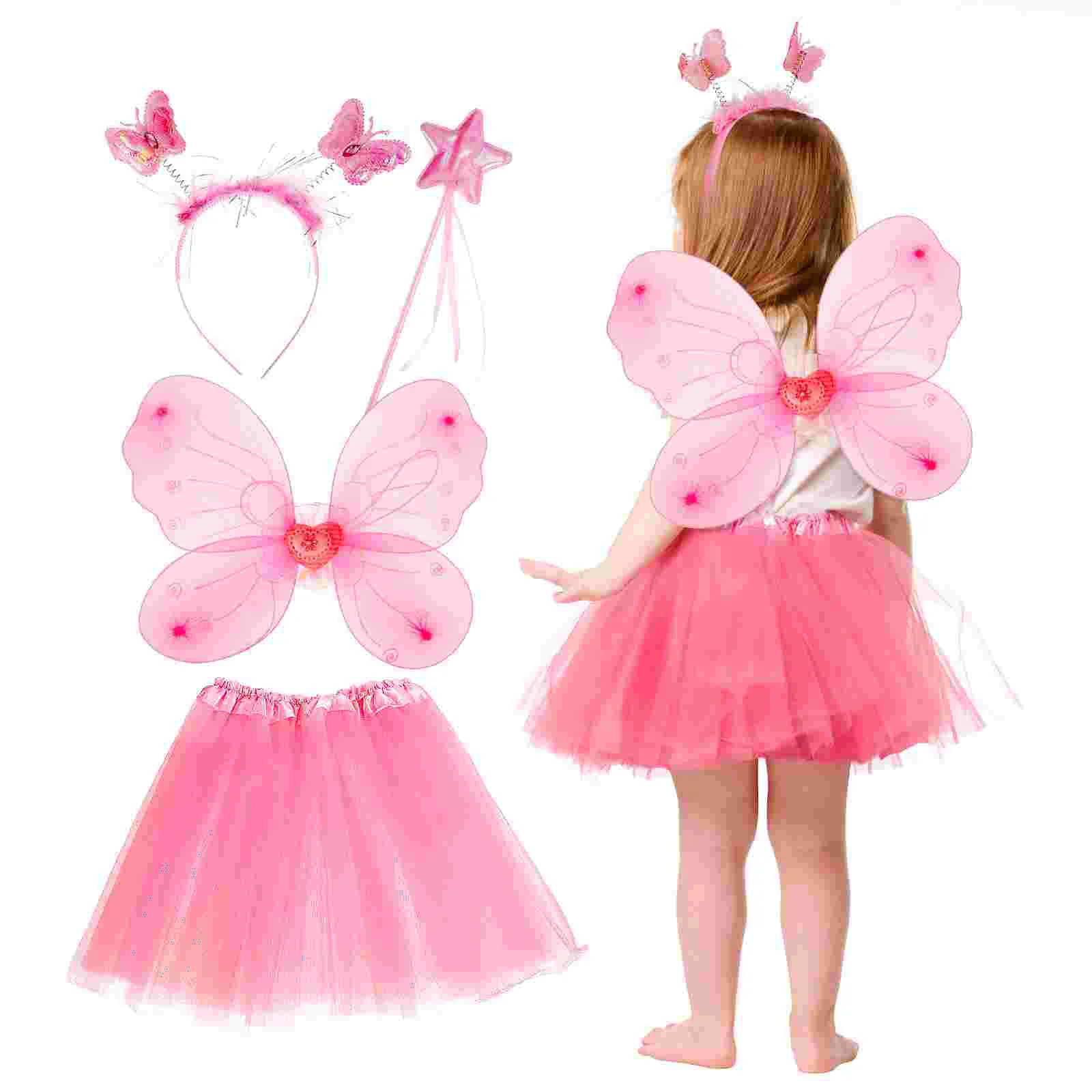 

Butterfly Wings Four Piece Set Performance Dress Girls Princess Party Favor Kit Pink Girl's Fairy Kids Cartoon Costumes Cosplay