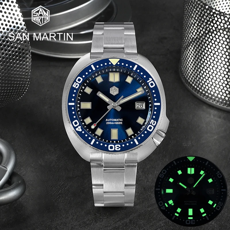 

San Martin Men's New Turtle Diver Watch 44mm Blue Dial Sapphire Ceramic Bezel NH35A Automatic Movement 200m Water Resistant Lume