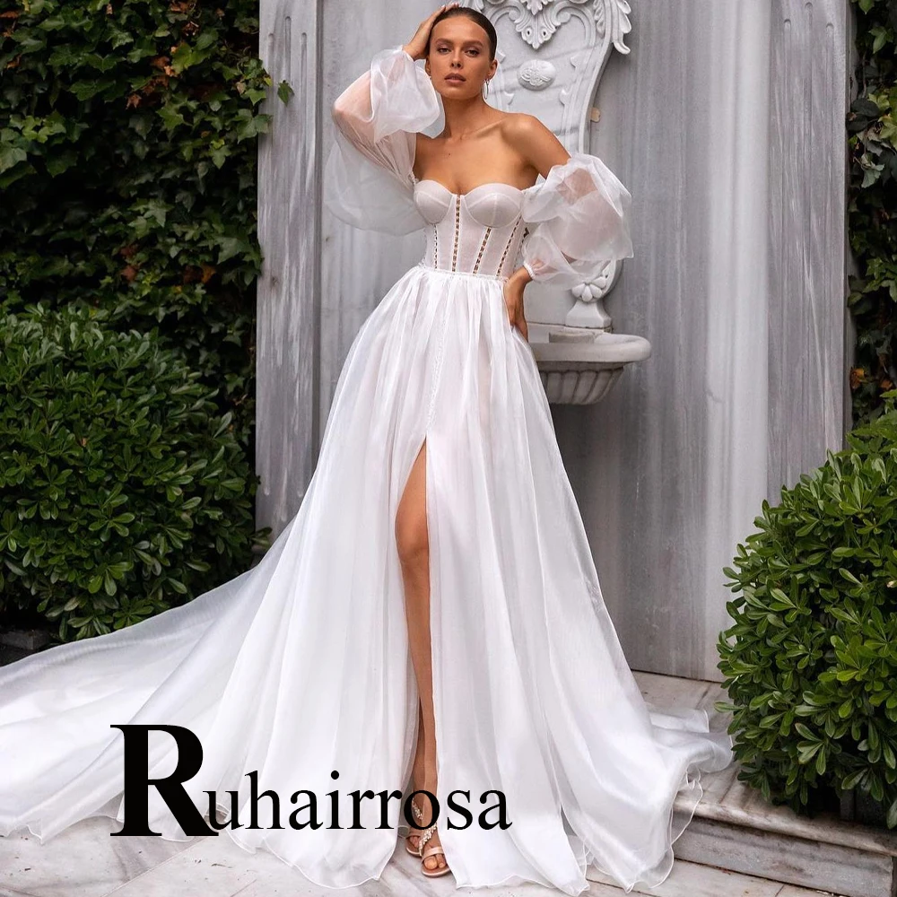 

Ruhair Simple Tulle Puff Sleeves Special Cut-Out Sweetheart Side Slit Wedding Dresses A-Line For Bride Customised Robe De Mariée