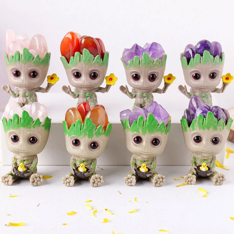 Aquarium Fish Tank Cute Natural Gemstones DIY Cartoon Groot Figure Crafts Decorations Healing Amethyst Crystal Handicrafts Gift