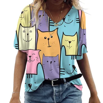 2023 Summer Ladies T-Shirts Short Sleeve Tops Cat Graphic O-Neck Oversized Clothing Casual Y2k Streetwear New Women's Shirt Tees 1