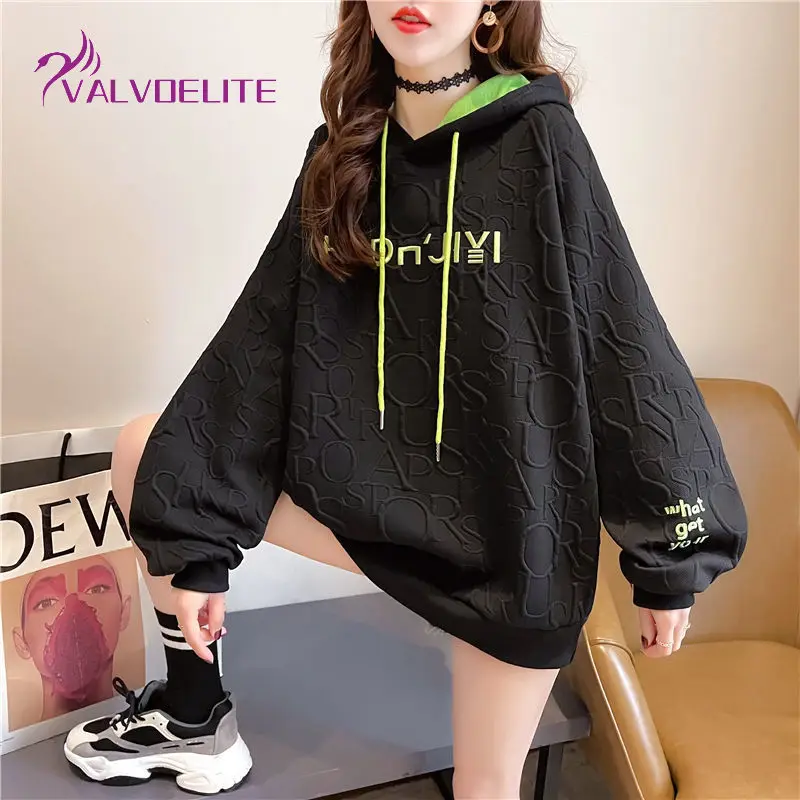 

Autumn Winter Woman Korean Version Hoodie Plus Size Loose Casual Jacket Letter Embroidery Fashion White Pullover Round Neck Top