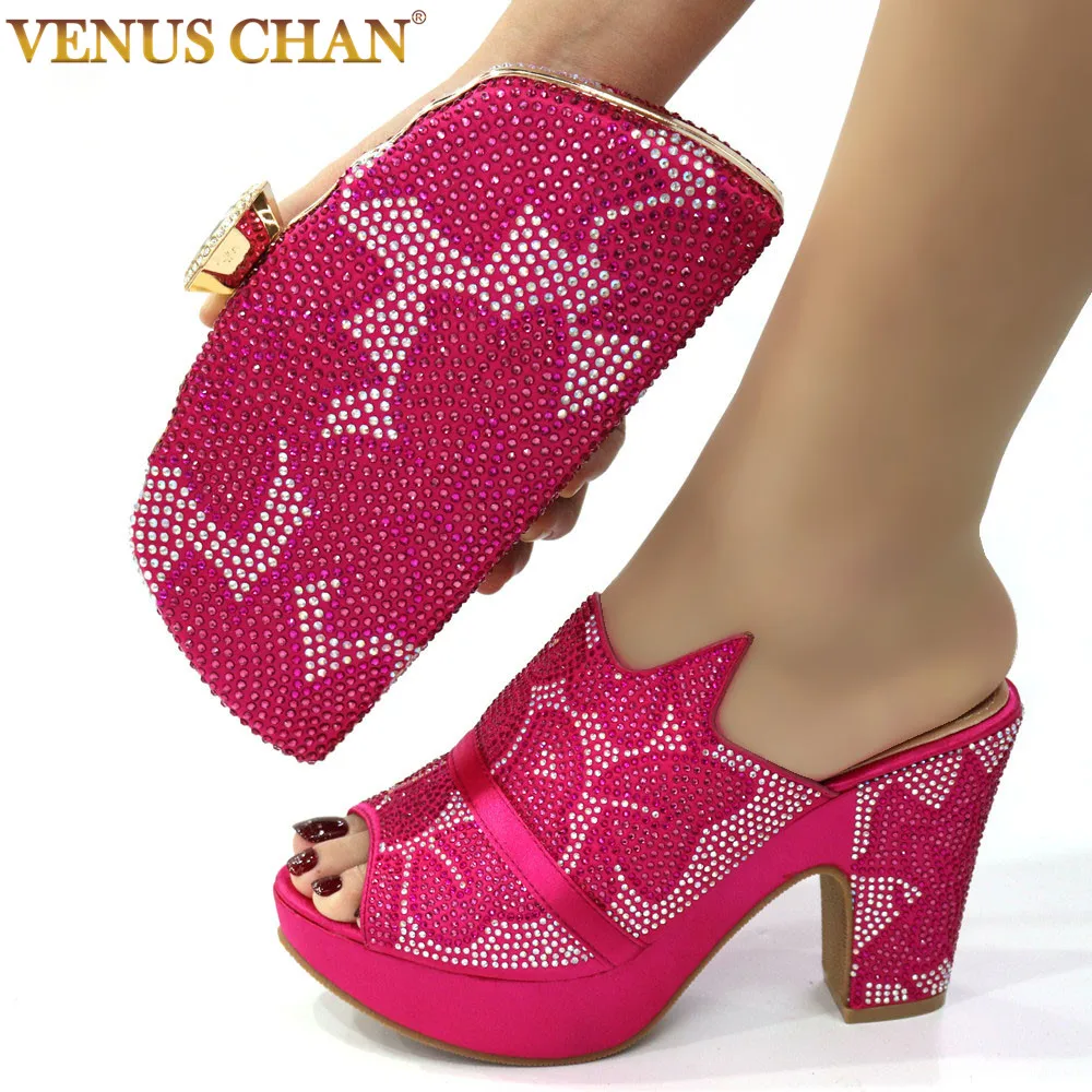 Venus Chan Newly Arrived Classic Style Fuchsia Color Women's Hand Bag Matching High Heels African Wedding Party Shoe And Bag Set