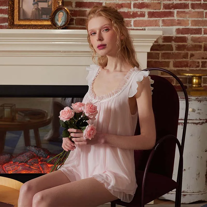 Roseheart Summer Pink Women's Sleep Nightwear Pajama Sets Sleepwear Suits Luxury Nightgown 2 Pieces Lace Bow Homewear Classical