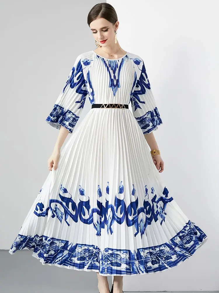 

Женское плиссированное платье, голубое и белое платье с фарфоровым принтом и круглым вырезом, свободное пляжное платье с коротким рукавом для отдыха, на лето