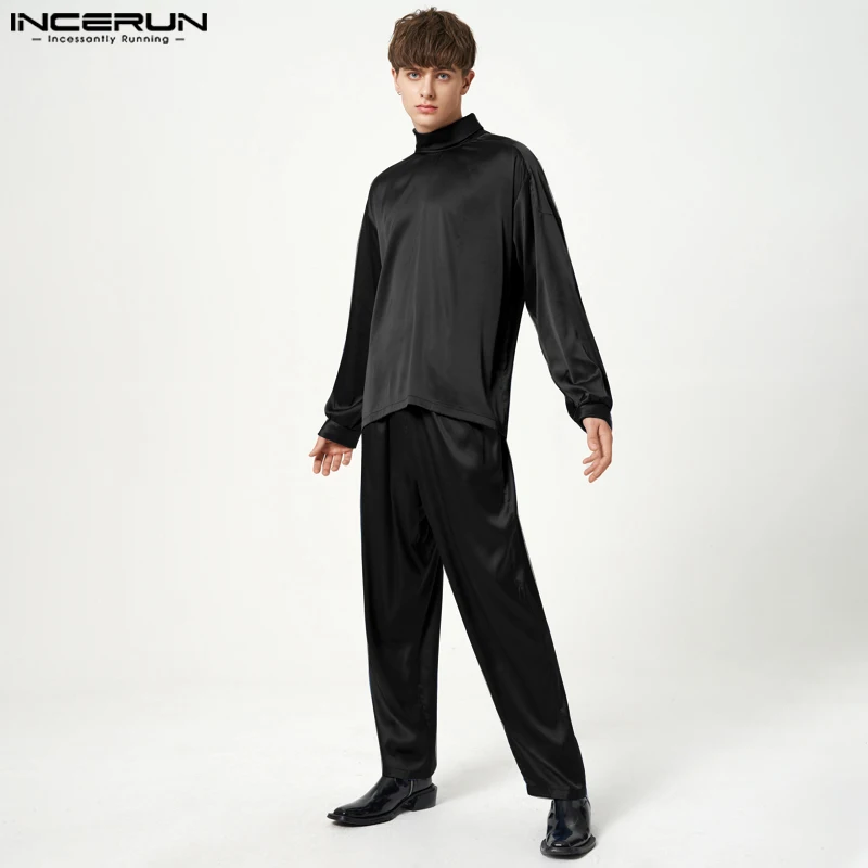 

Fashion Men Sets Solid Color Streetwear Turtleneck Long Sleeve T Shirt & Elastic Waist Pants 2PCS 2023 Men Casual Suits INCERUN