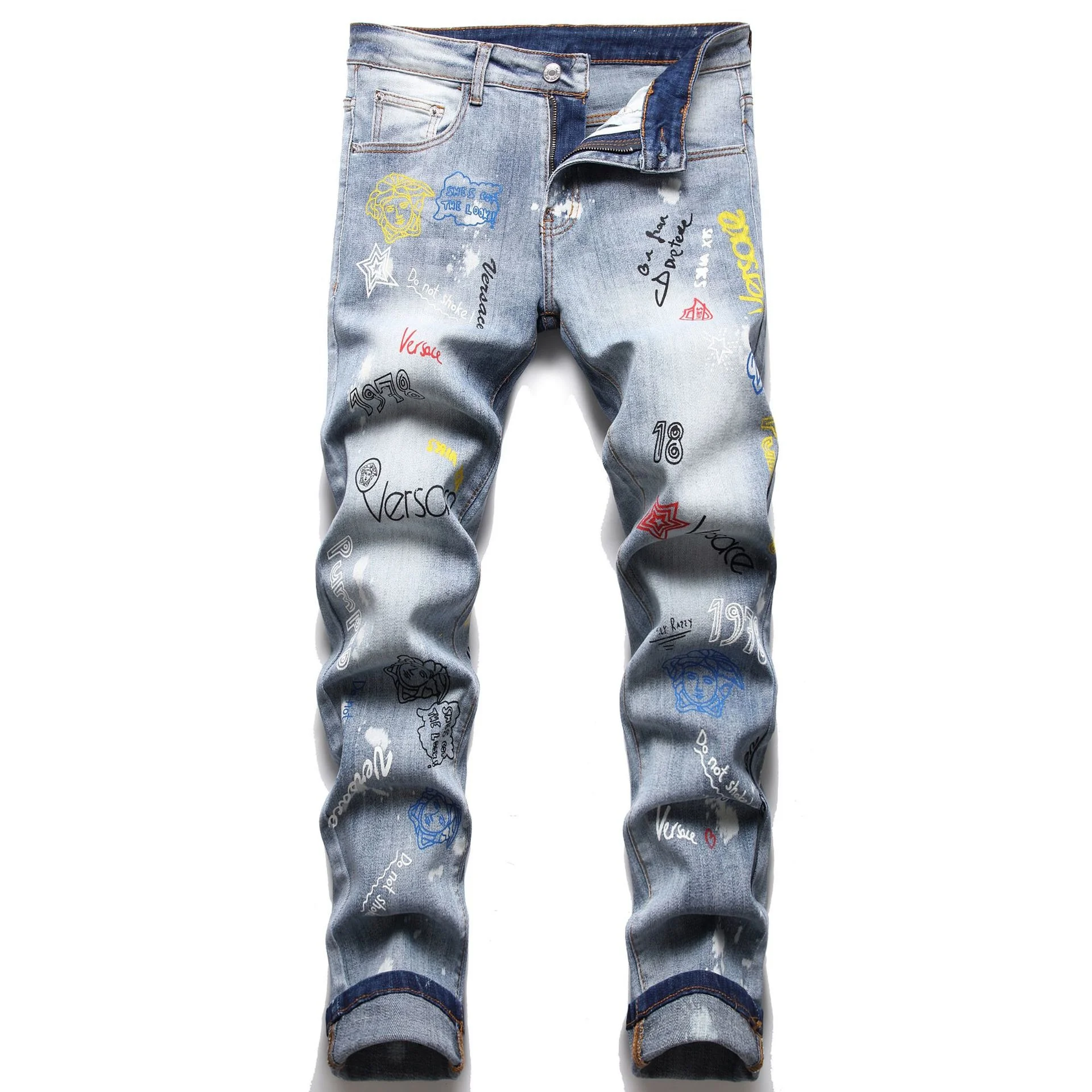 

Men's/Women's Jeans Blue Washed Simple Slim Fit Stretch Patched Luxury Jeans Size: 29-38