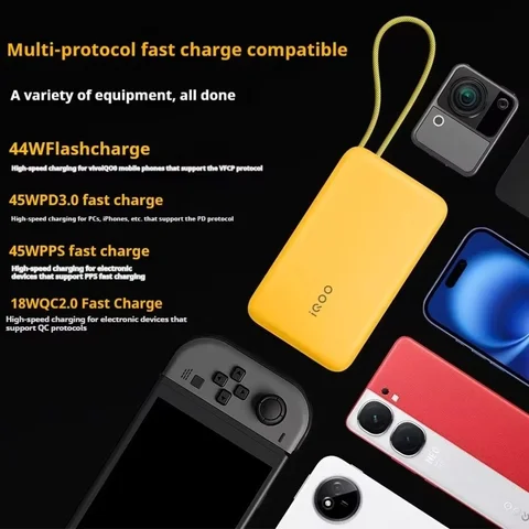 iQOO 45 Вт Power Bank Flash Charge 20000 мАч Встроенный кабель высокой емкости Двусторонняя быстрая зарядка Портативный Power Bank Оригинальный заказ