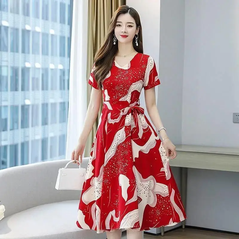 Dress Women's Clothing Summer The New Korean Version Wild Medium and Long Loose Thin Fashion Grace Printing Sequins Belt Dress