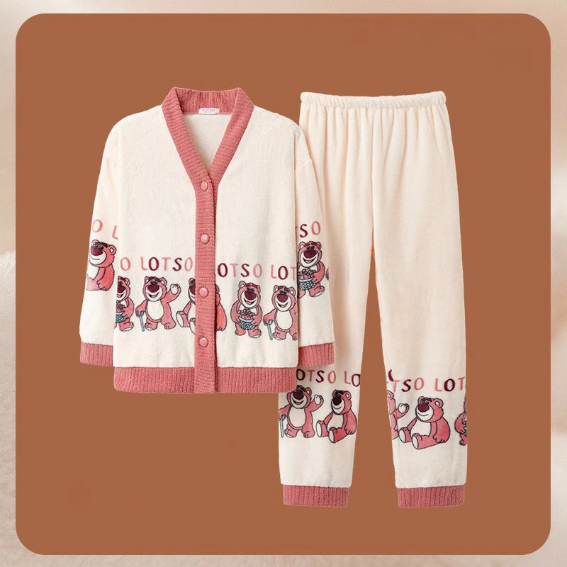 Women 2Pcs Suit Sweet Cute Bear Pyjamas Winter Warm Cardigan Cartoon Flannel Pajamas Set Home Female Fleece Thicken Sleepwear