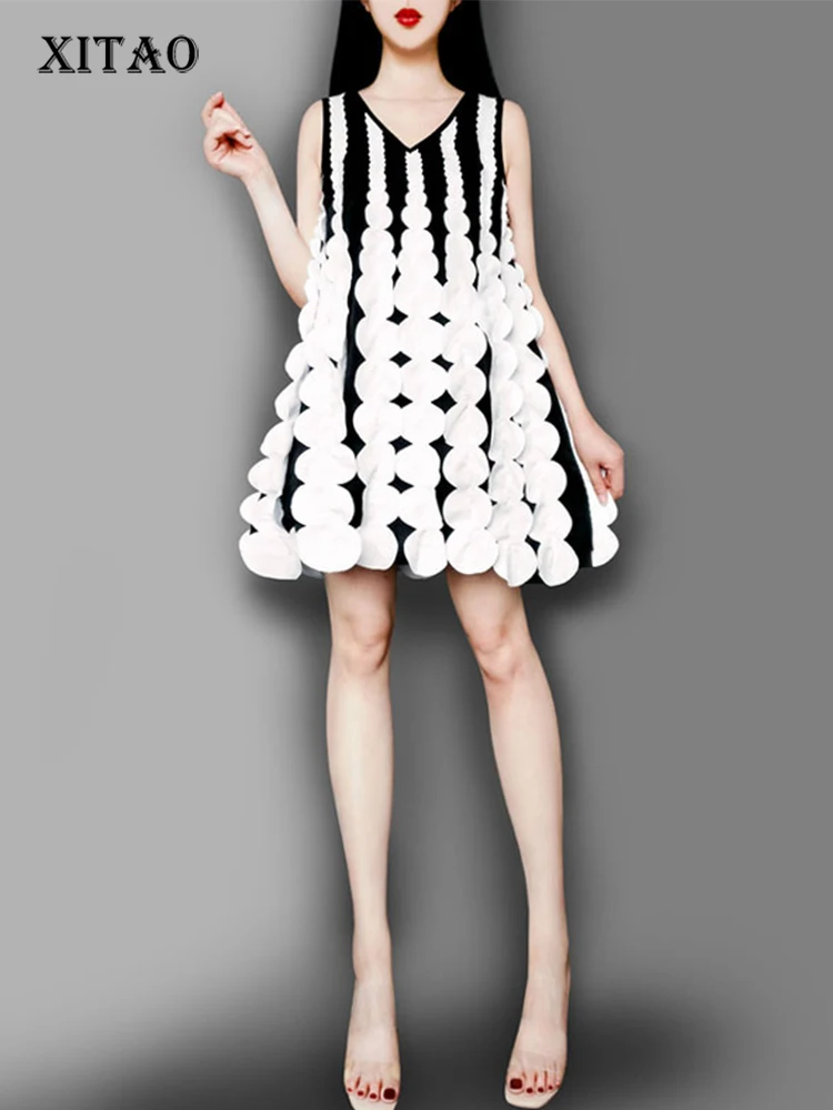 

XITAO Patchwork Casual Dress Women Korea 2022 Summer New Arrival Personality Fashion Loose V-neck Sleeveless Dress ZY7315