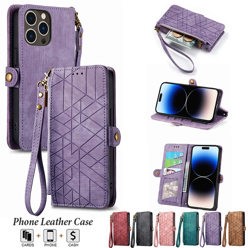 

Lanyard Flip Leather Case for iPhone 14 14Plus 14Promax 13 12 12pro 12mini 11 Xsmax XR 7 8Plus 6s Zipper Wallet Multi Card Cover