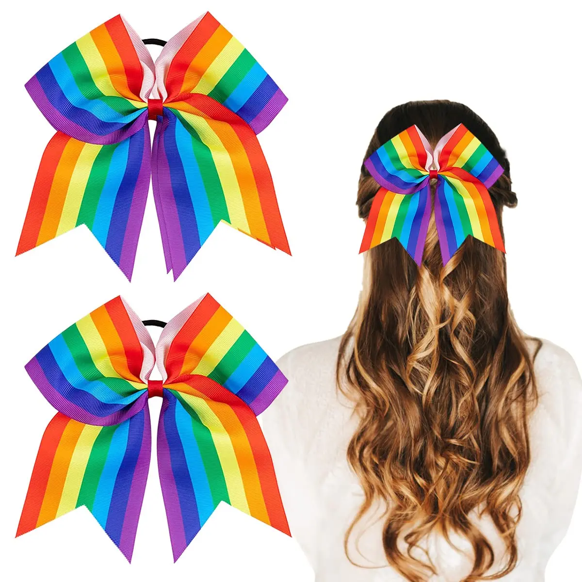 

30PCS Rainbow Bows Hair Ties Color Stripe Hair Rubber Bands Large Ribbon Hair Ropes Cheerleading Bow for Girls Gay Pride Lesbin