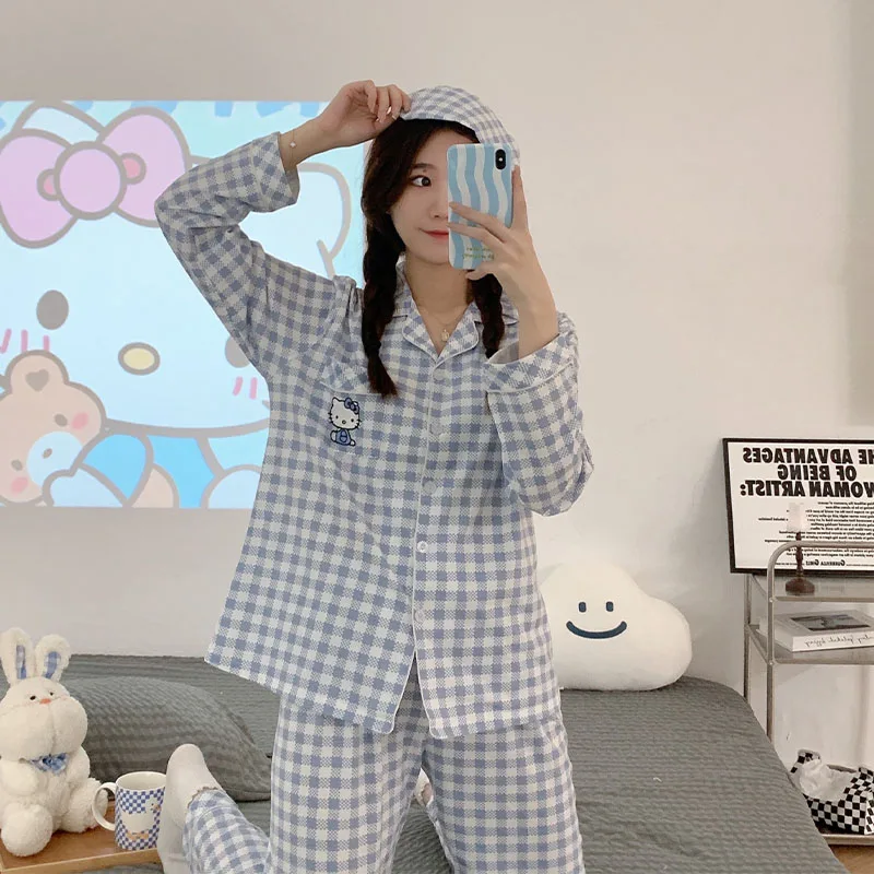 

Kawaii Sanrios Anime Hello Kitty Japanese System Ins Cotton Plaid Cartoon Cute Young Girl Cardigan Long Sleeve Home Wear Sets