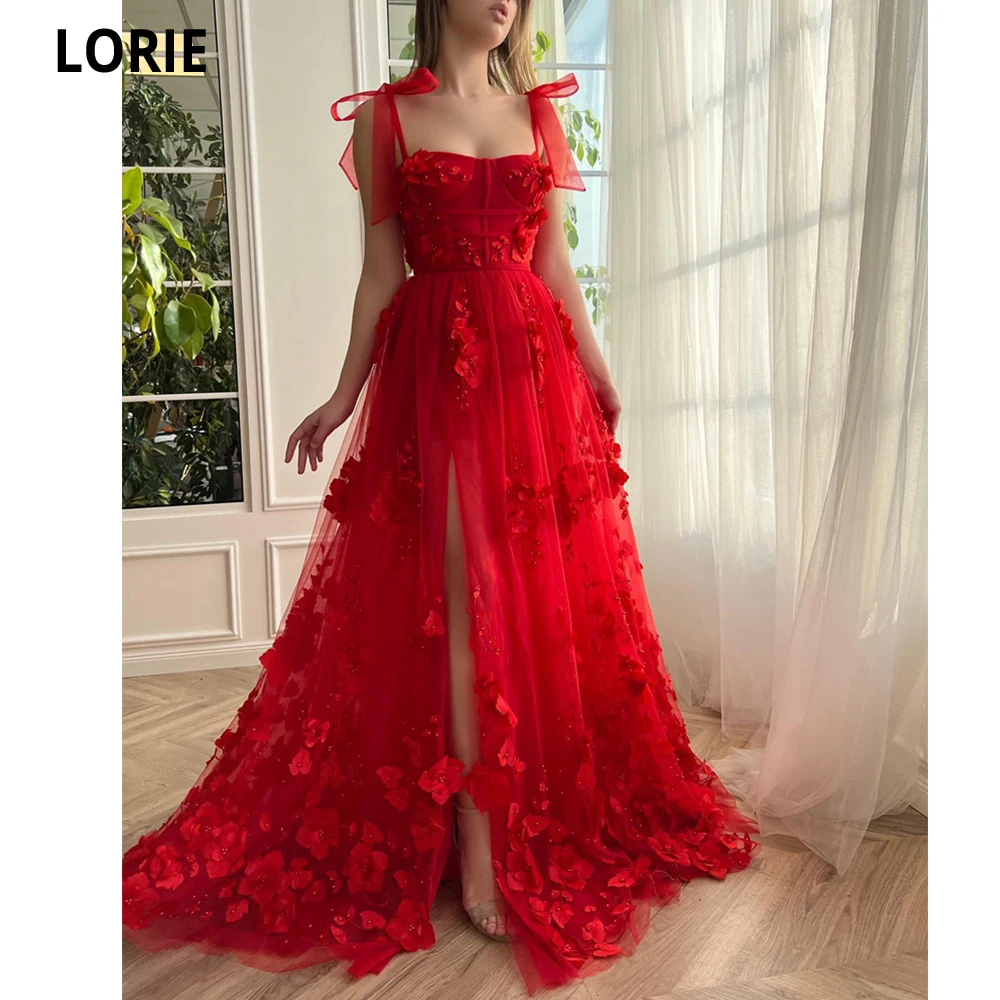 

LORIE Women Vintage A-line Tulle Evening Dress Spaghetti Straps 3D Flowers Beaded Women Formal Party Prom Gowns Robes De Soirée