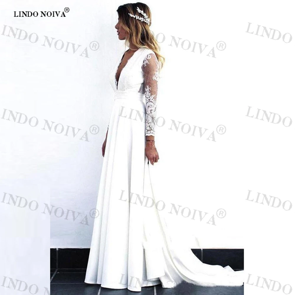 

LINDO NOIVA vestidos para mujer Wholesale White Lace Appliques Wedding Gowns Sexy Deep V Neck Long Sleeves Bridal Dress Backless